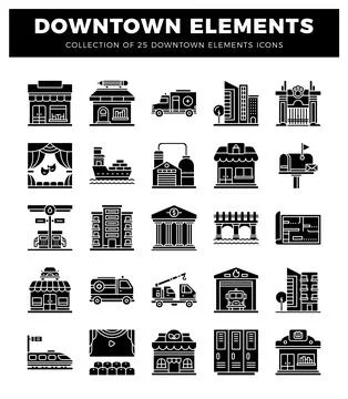Downtown urban element icons presented in a grid. Stockillustratie