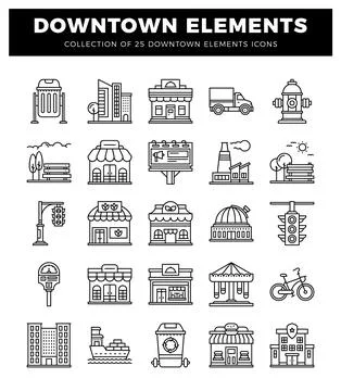 Downtown urban elements in a clean line icon collection. Illustrazione stock
