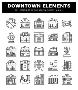 Downtown urban elements collection with building icons Stock Illustration
