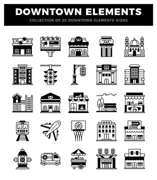 Downtown urban elements collection with building icons 스톡 일러스트