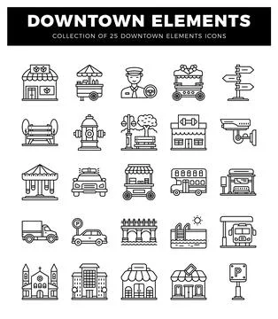 Downtown urban elements icons. black line art on white. Stock Illustration