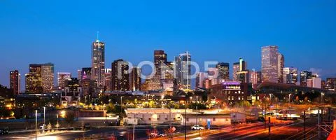 Downtown Urban Metro City Skyline Denver Colorado Sunset Dusk Stock Photos