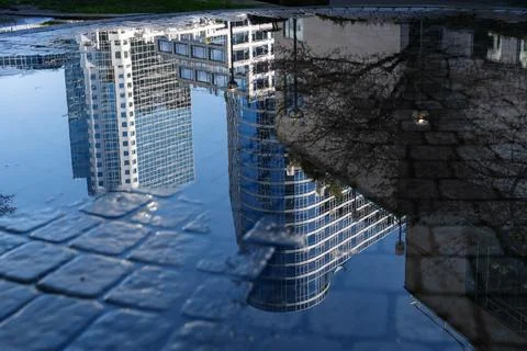 Downtown Vancouver Rain Puddle Reflection Stock Photos