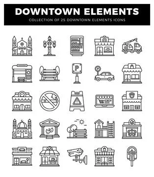 Downtown vector icon set with urban elements Stock Illustration
