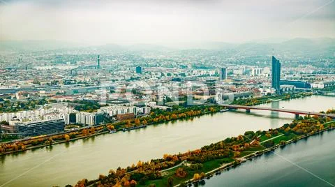 Downtown Vienna with Danube Island and Millennium Tower Stock Photos