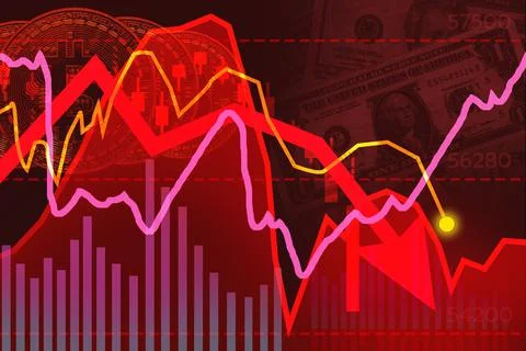 Downtrend line chart red abstract background Ilustración de archivo