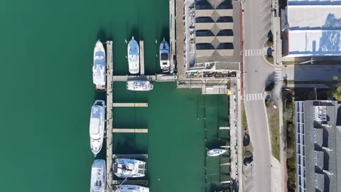 Downward angle drone shot of boats at the dock in Beaufort NC, aerial shot Stock Footage 330897355