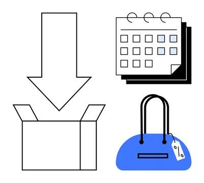 Downward Arrow into Open Box, Calendar, and Handbag with Tag Representing D.. Stock Illustration