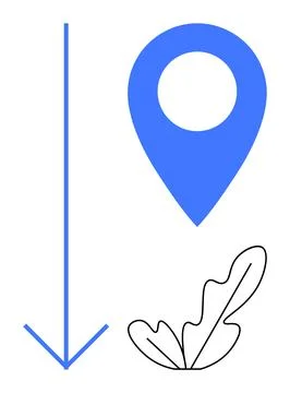 Downward Blue Arrow with Map Marker and Leaf Outlines Highlighting Directio.. イラスト素材