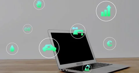 Downward camera panning, laptop rising, green icons floating and grouping, Stock Footage 329122114