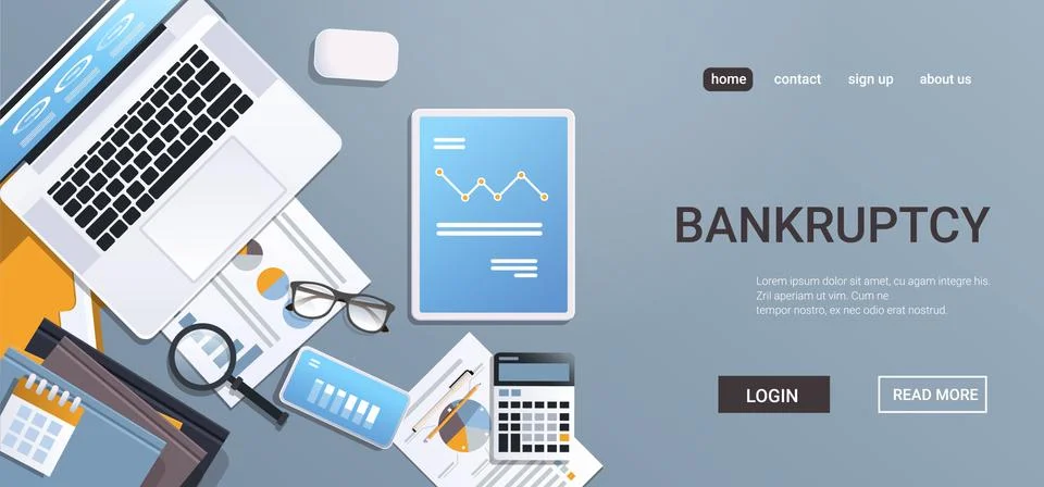 Downward chart economic arrow falling down on digital devices screens financial Stock Illustration