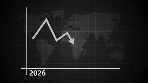 Downward line graph over a world map with 2026 to 2027, Global decline tren.. Stock-Footage 340383585