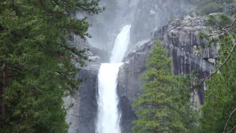 Downward pan: Lower Yosemite Falls from top to bottom, Spring 2023 Stock Footage 241194091