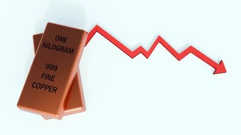 A downward red arrow over stacked copper bullion bars. Stock Illustration