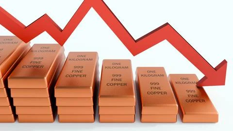 A downward red arrow over stacked copper bullion bars. Stock Illustration