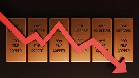 A downward red arrow over stacked copper bullion bars. Stock Illustration