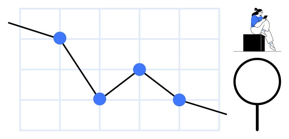 Downward trending line graph with data points, businessperson reviewing infor Stock Illustration