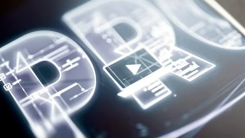 Downward triangle panel layered over luminous circuit-letter shapes Stock Photos