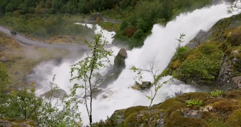 Downward view of the Kleivafossen Waterfall Stock Footage 284352238