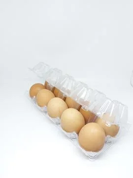 Dozen brown chicken eggs on plastic container isolated on white background Stock Photos