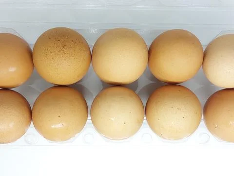 Dozen brown chicken eggs on plastic container isolated on white background Stock Photos