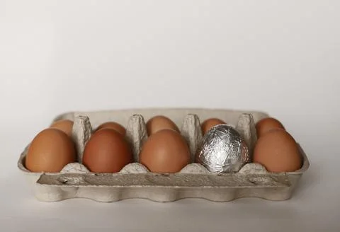 A dozen chicken eggs in a container. Stock Photos