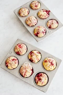 Dozen Raspberry Muffins in Baking Tins Stock Photos