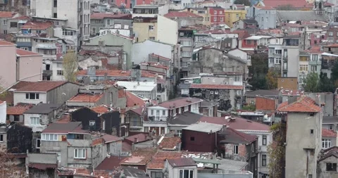 Dozen seagulls weave above dense Istanbul rooftops Stock Footage 320171547