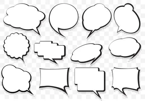 Dozen of talking bubbles with halftone drop shadow and white fill. Stock Illustration