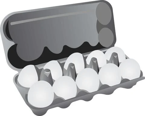 A dozen white eggs per pack. Grayscale image of food. Stock Illustration