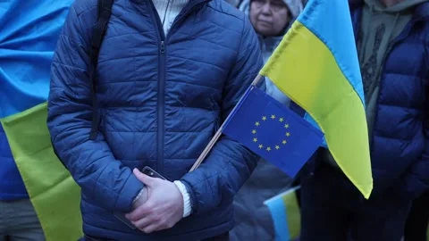 Dozens of people rally in Sofia in support of Ukraine on the third anniversary o Stock-Footage 302842005