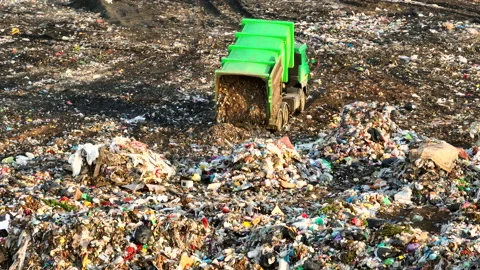 Dozer on Garbage Dump. Landfill with solid household waste, rubbish Vídeo Stock 218230364