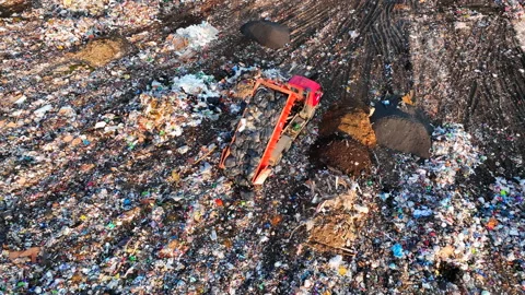 Dozer on Garbage Dump. Landfill with solid household waste, rubbish Video stock 218231031