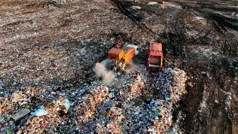 Dozer on Garbage Dump. Landfill with solid household waste, rubbish Video stock 218233358