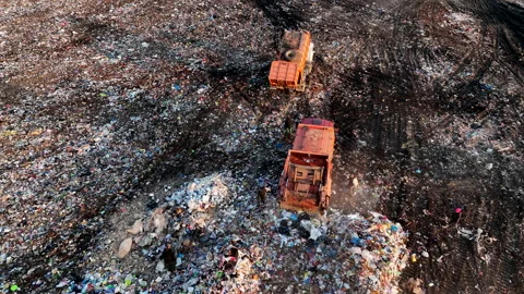Dozer on Garbage Dump. Landfill with solid household waste, rubbish Video stock 218233596