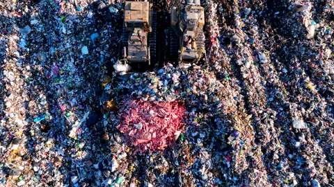 Dozer on Garbage Dump. Landfill with solid household waste, rubbish 動画素材 219757243