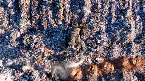 Dozer on Garbage Dump. Landfill with solid household waste, rubbish 스톡 동영상 219782266