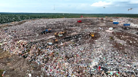 Dozer on landfill. Garbage dump with waste plastic Video stock 218456035