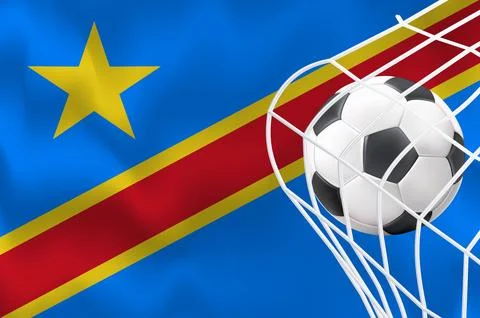 DR Congo 3D Waving Flag with Football and Net World Cup Soccer Sports Background Stock Illustration