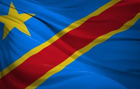 DR Congo flag, sky blue field with a red diagonal stripe and a yellow star. Stock Photos