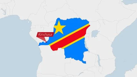 DR Congo map highlighted in DR Congo flag colors and pin of country capital.. Stock-Illustration