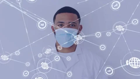 Dr in mask, lab coat, network appearing on mask, nodes filling, obscuring face, Stock Footage 333968249