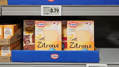Dr. Oetker lemon cake baking mixes displaying on supermarket shelf Stock Photos