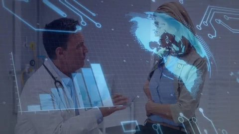 Dr offering card, explaining starting health holo globe bar sweeping over Stock Footage 332937135