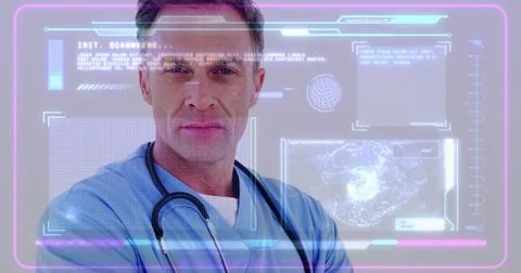 Dr reacting to camera shift, stepping, locking gaze, HUD over him showing Stock Photos