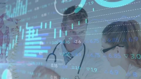 Dr rotating spine model driving animated charts and data overlay while peer Stock Footage 332821716