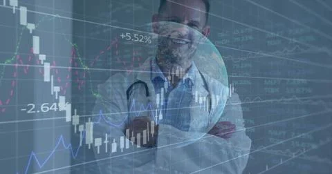 Dr standing arms-crossed while charts and globe fading in over chest, rising, Stock Photos