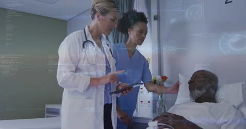 Dr tapping tablet causing data overlaying while checking chart, nurse placing Stock Footage 330161486
