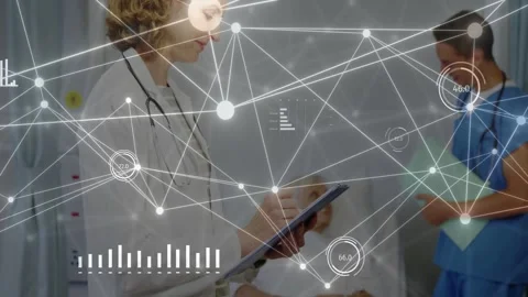 Dr tapping tablet updating chart while nurse checking file medical overlay Stock Footage 332642108