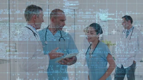 Dr using tablet reviewing labs, nurse joining team talking while blue code grid Stock Footage 330577415